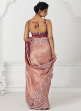 Pink Dola Silk Saree with Aari Embroidery and Banarasi Patch for Weddings